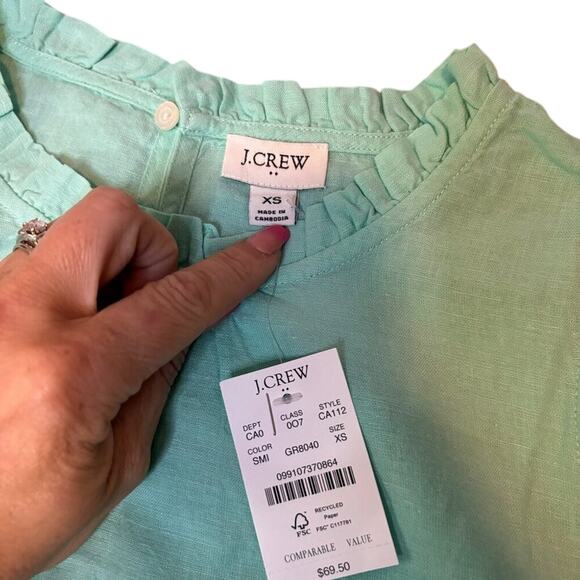 J.Crew Linen Ruffle Neck Sleeveless Blouse XS Sunwashed Mint Green NWT - Picture 4 of 5